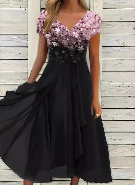 Abendkleid Damen – Glitzer Maxi-Kleid mit V-Ausschnitt und fließendem Chiffonrock 1