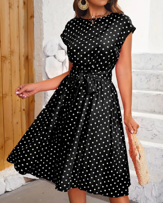 Damen Sommerkleid mit Punkten – Vintage Midikleid mit Taillengürtel & Cap Sleeves für Freizeit & Urlaub 1
