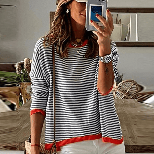 Inès Lavigne® - Blau gestreifter Pullover mit orangefarbenem Rand 1
