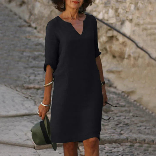 Leichtes Damen Sommerkleid mit V-Ausschnitt – Lockeres Midikleid mit 3/4 Ärmeln für Urlaub, Alltag & Reisen 1