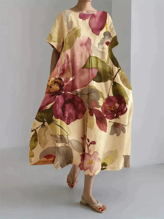 Locker geschnittenes Leinenkleid mit floralem Aquarell-Print 1