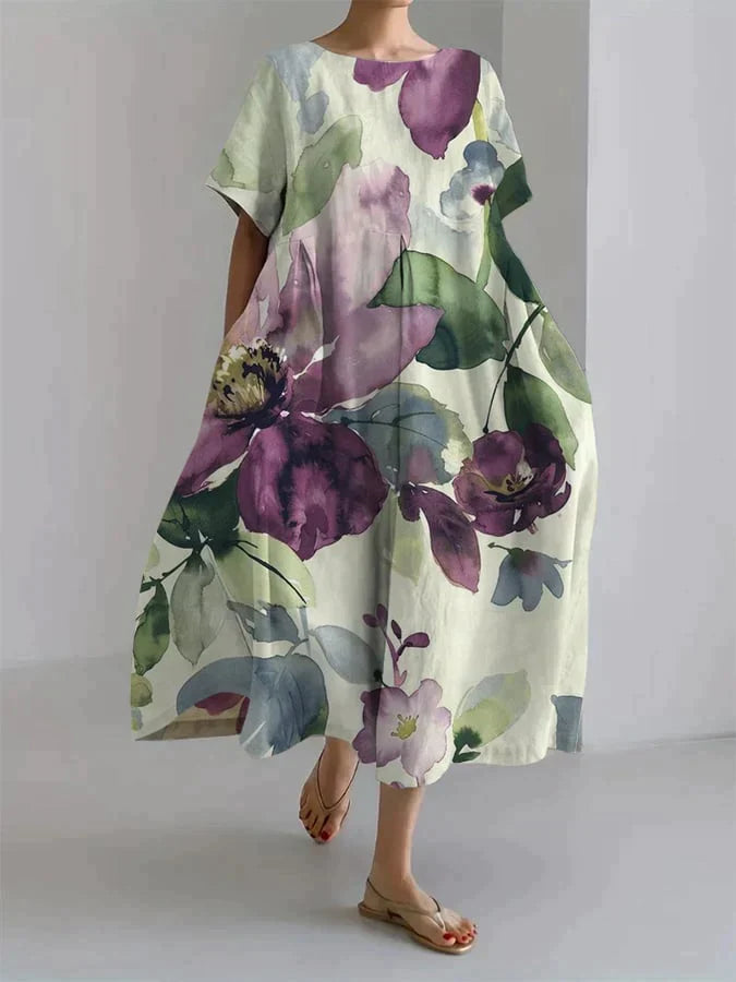 Locker geschnittenes Leinenkleid mit floralem Aquarell-Print 4