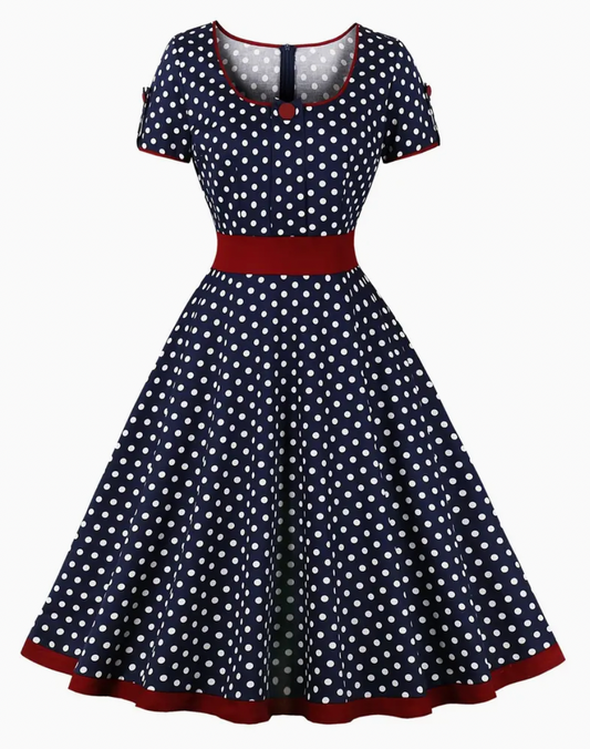 Vintage Rockabilly Kleid mit Polka Dots – 50er Jahre Retro-Kleid mit weitem Swing-Rock & Taillenband – Kurzarm A-Linienkleid für Party & Alltag 1