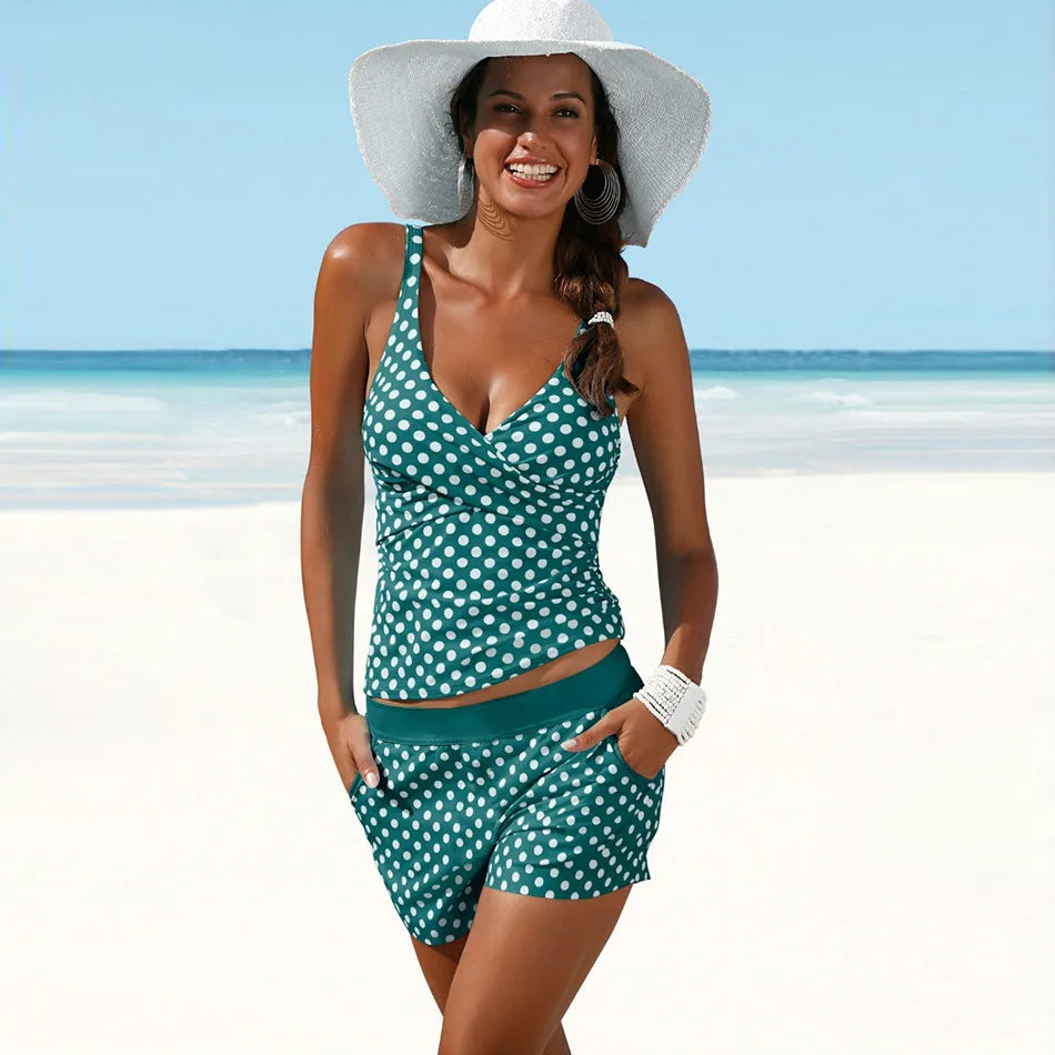 2-teiliges Damen Tankini Set mit Shorts – Retro Badeanzug mit Punkten & V-Ausschnitt für Strand & Schwimmen 0