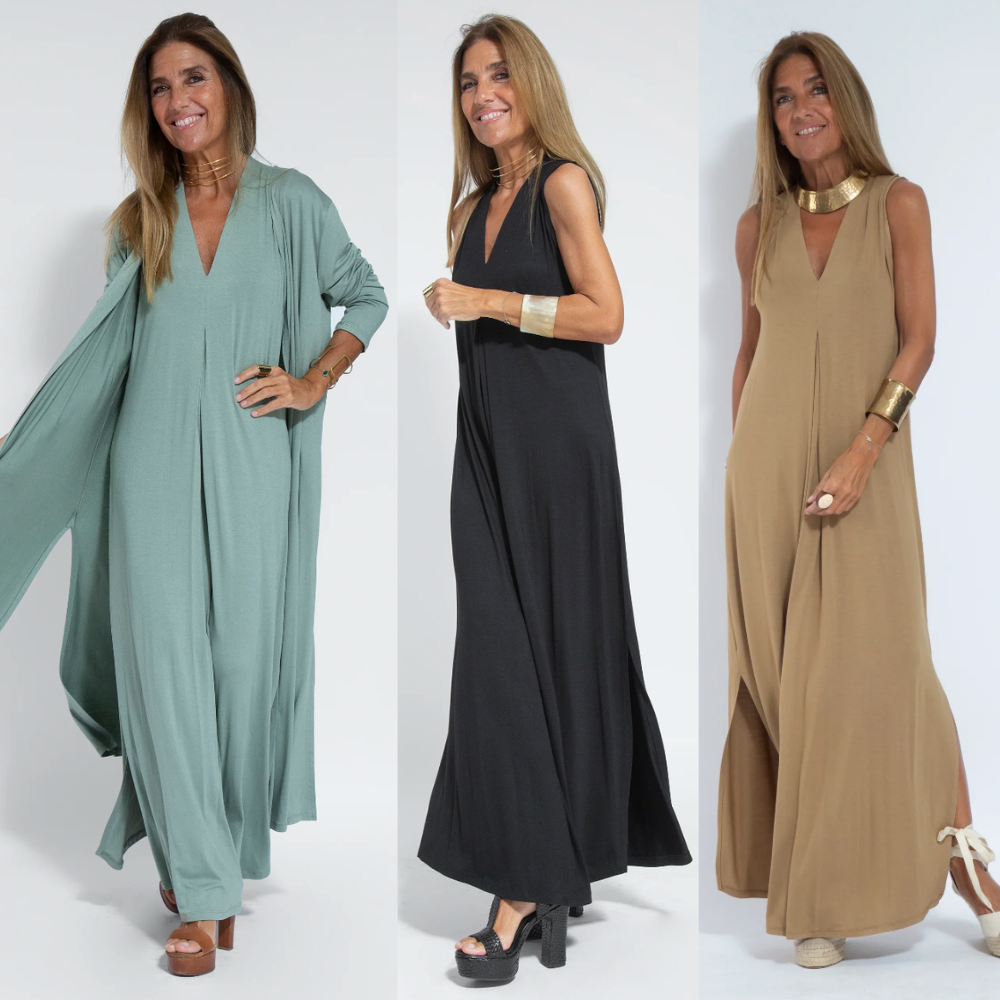AYANIA | Set aus langem schlankmachenden Kleid und Weste 0