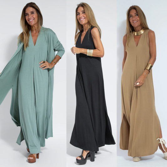 AYANIA | Set aus langem schlankmachenden Kleid und Weste 0