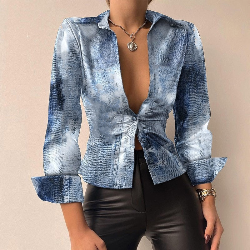 Aurélie - V-Ausschnitt PU-Leder bedruckt Langarm Patchwork-Bluse 2
