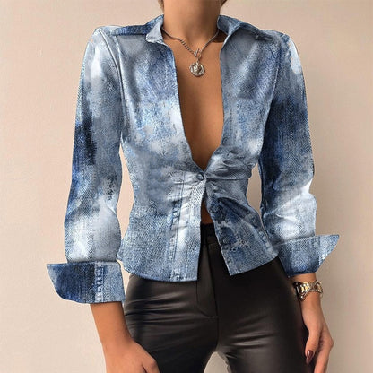 Aurélie - V-Ausschnitt PU-Leder bedruckt Langarm Patchwork-Bluse 2