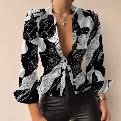 Aurélie - V-Ausschnitt PU-Leder bedruckt Langarm Patchwork-Bluse 3