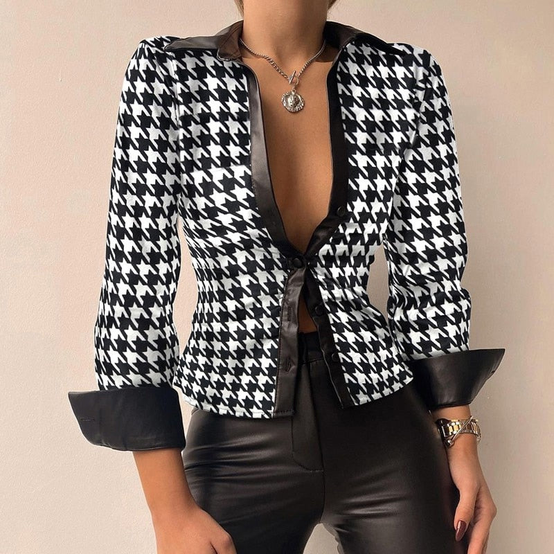 Aurélie - V-Ausschnitt PU-Leder bedruckt Langarm Patchwork-Bluse 5