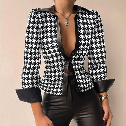 Aurélie - V-Ausschnitt PU-Leder bedruckt Langarm Patchwork-Bluse 5