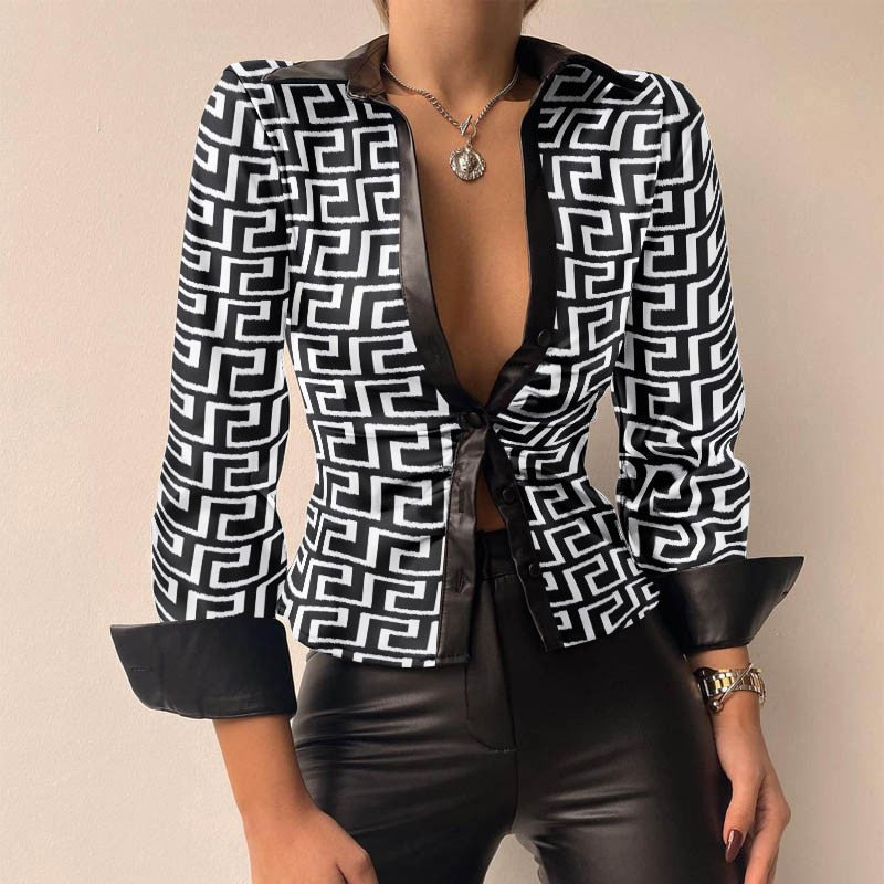 Aurélie - V-Ausschnitt PU-Leder bedruckt Langarm Patchwork-Bluse 6