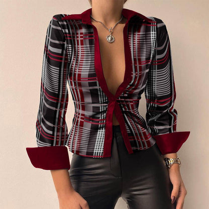 Aurélie - V-Ausschnitt PU-Leder bedruckt Langarm Patchwork-Bluse 7
