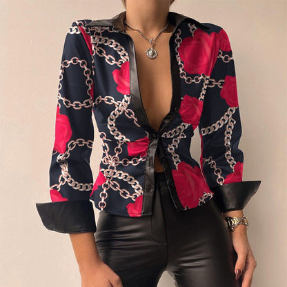 Aurélie - V-Ausschnitt PU-Leder bedruckt Langarm Patchwork-Bluse 8