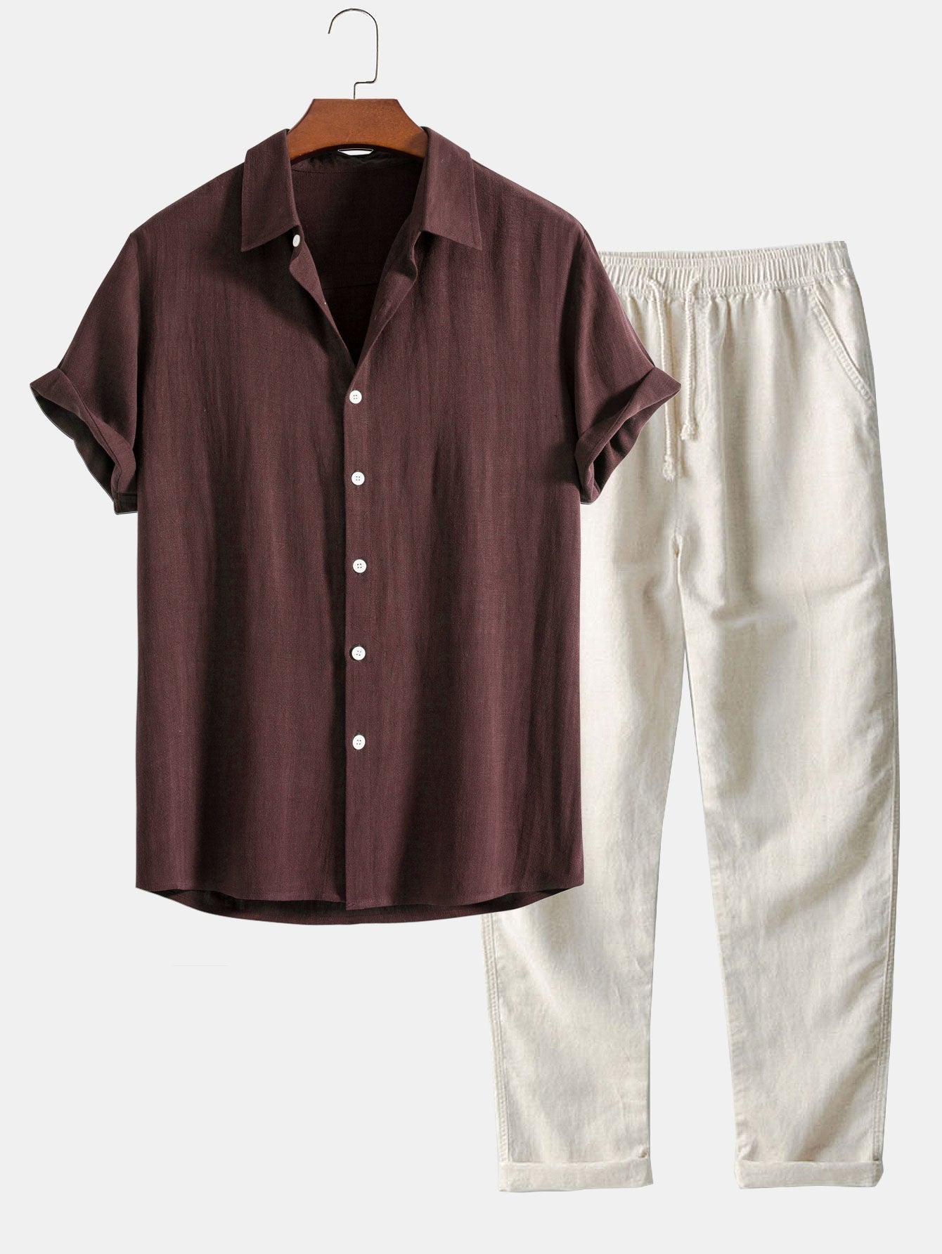 Bluse mit kurzen Ärmeln und Leinenhosen Sommer set für herren 0