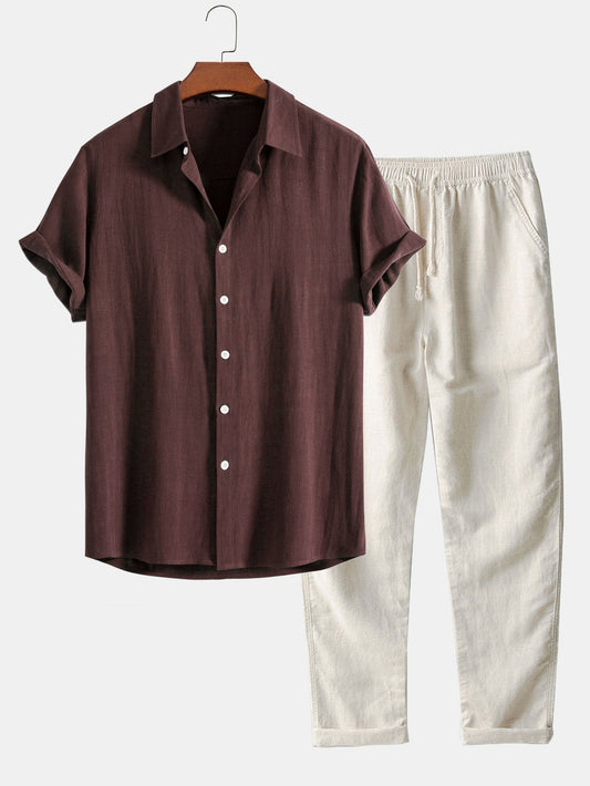 Bluse mit kurzen Ärmeln und Leinenhosen Sommer set für herren 0