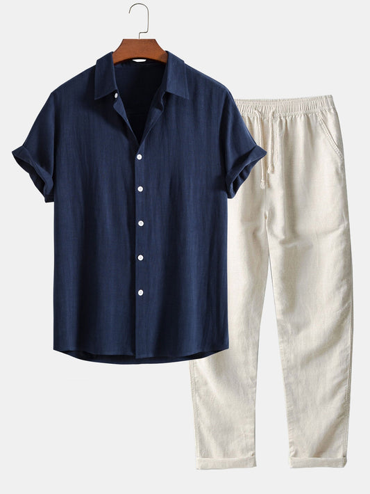 Bluse mit kurzen Ärmeln und Leinenhosen Sommer set für herren 1