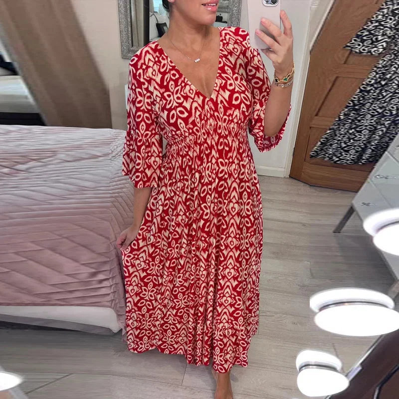 Boho Midikleid Damen – Sommerkleid mit V-Ausschnitt & 3/4-Ärmeln, lockere Passform 0