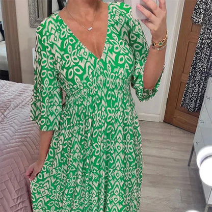 Boho Midikleid Damen – Sommerkleid mit V-Ausschnitt & 3/4-Ärmeln, lockere Passform 1
