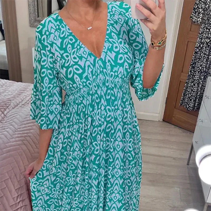 Boho Midikleid Damen – Sommerkleid mit V-Ausschnitt & 3/4-Ärmeln, lockere Passform 2
