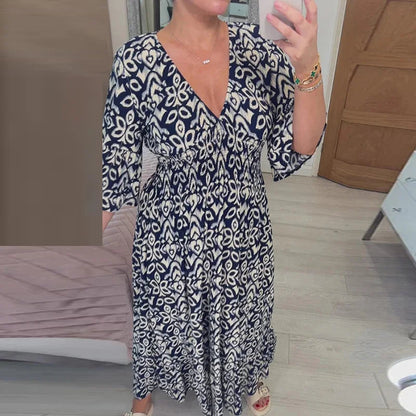 Boho Midikleid Damen – Sommerkleid mit V-Ausschnitt & 3/4-Ärmeln, lockere Passform 4