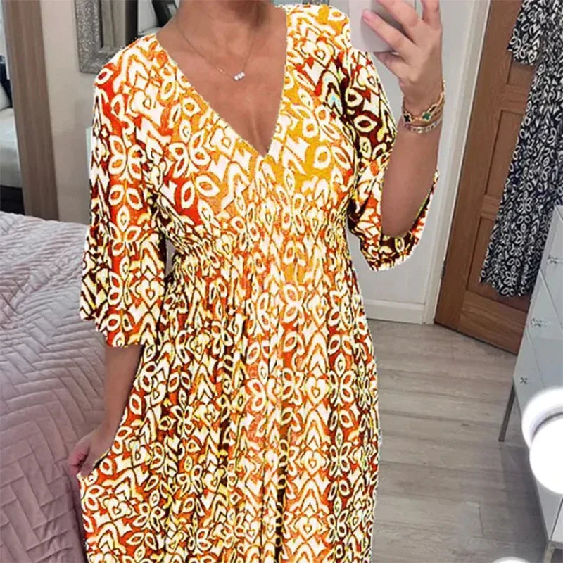 Boho Midikleid Damen – Sommerkleid mit V-Ausschnitt & 3/4-Ärmeln, lockere Passform 5