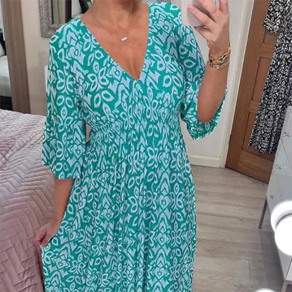 Boho Midikleid Damen – Sommerkleid mit V-Ausschnitt & 3/4-Ärmeln, lockere Passform 8