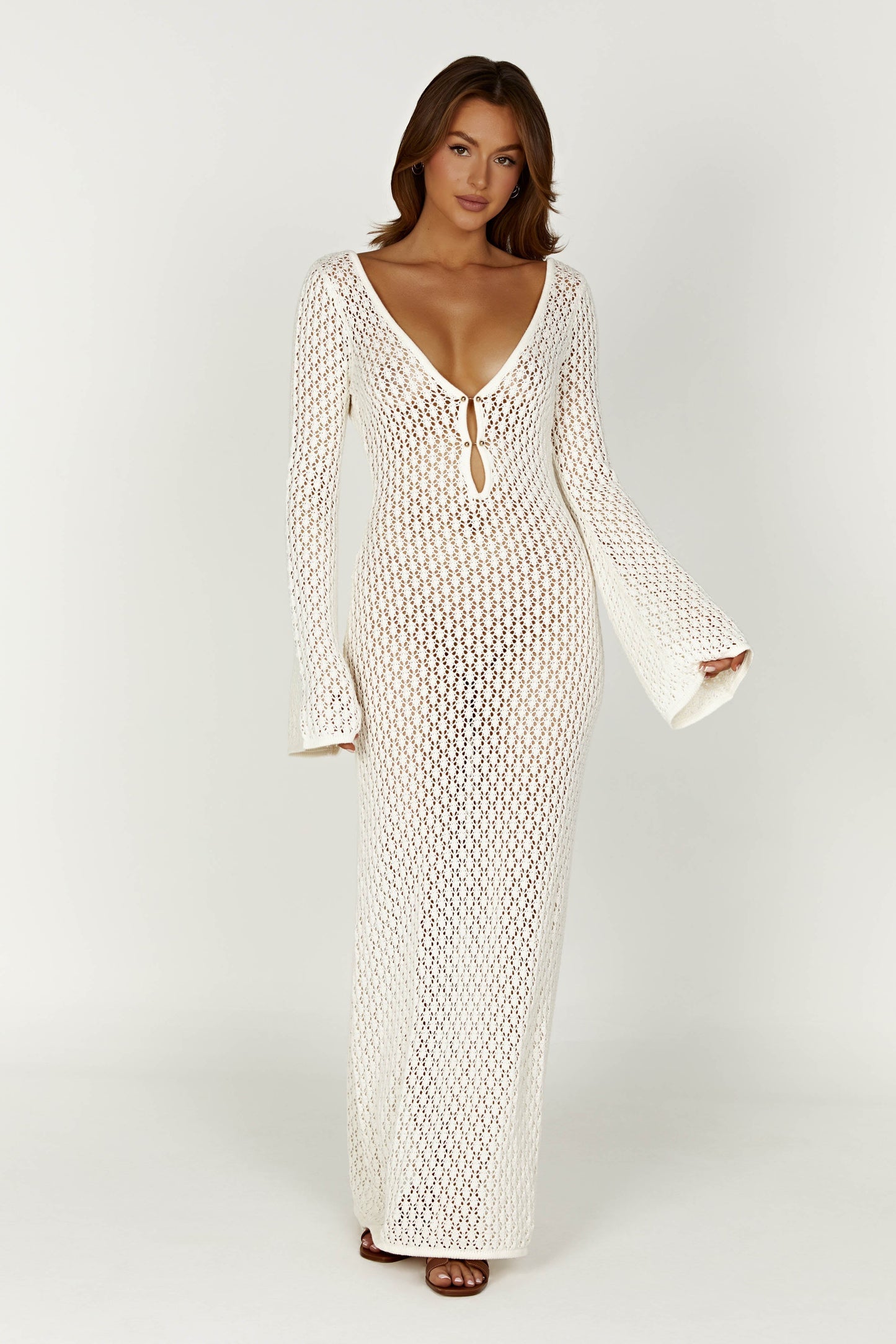 Damen Häkel-Strick Maxikleid – Langarm Strandkleid als Durchsichtiges Cover-Up 1