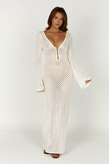 Damen Häkel-Strick Maxikleid – Langarm Strandkleid als Durchsichtiges Cover-Up 1