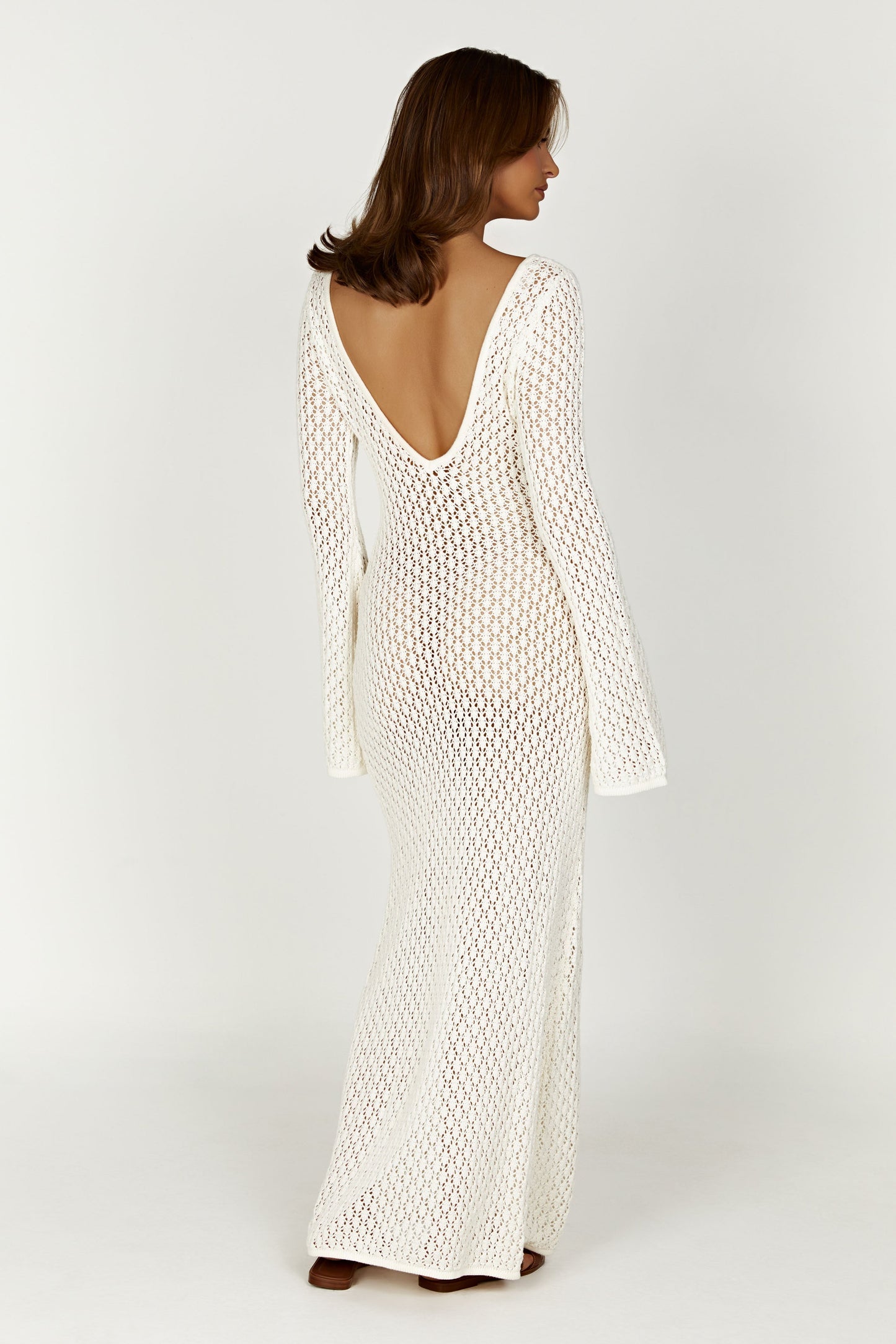 Damen Häkel-Strick Maxikleid – Langarm Strandkleid als Durchsichtiges Cover-Up 3
