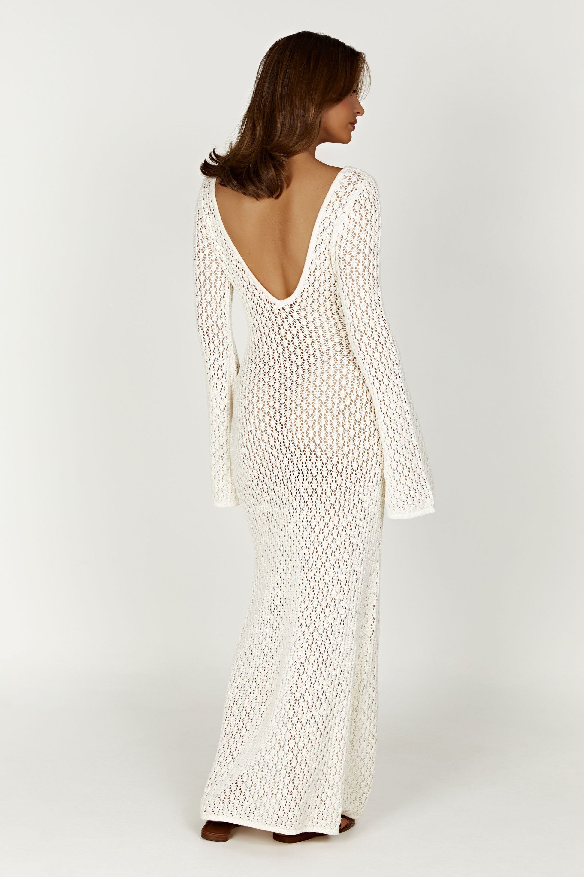 Damen Häkel-Strick Maxikleid – Langarm Strandkleid als Durchsichtiges Cover-Up 3