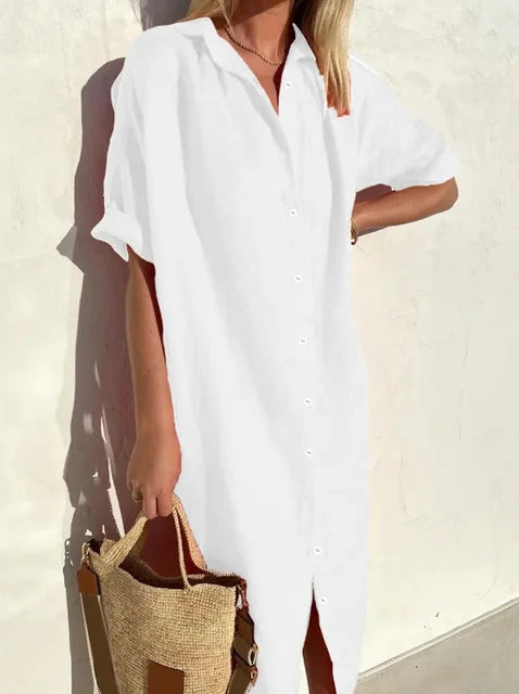 Damen Leinen Hemdkleid – Oversized Sommerkleid mit Knopfleiste & Kurzarm 1