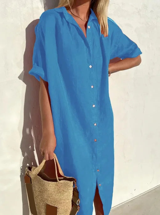 Damen Leinen Hemdkleid – Oversized Sommerkleid mit Knopfleiste & Kurzarm 3