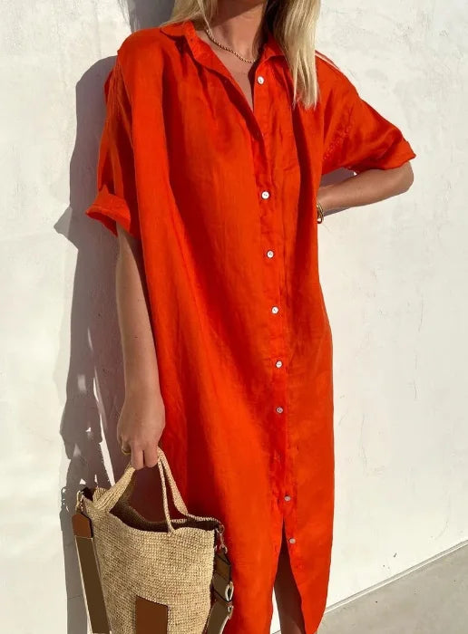Damen Leinen Hemdkleid – Oversized Sommerkleid mit Knopfleiste & Kurzarm 4
