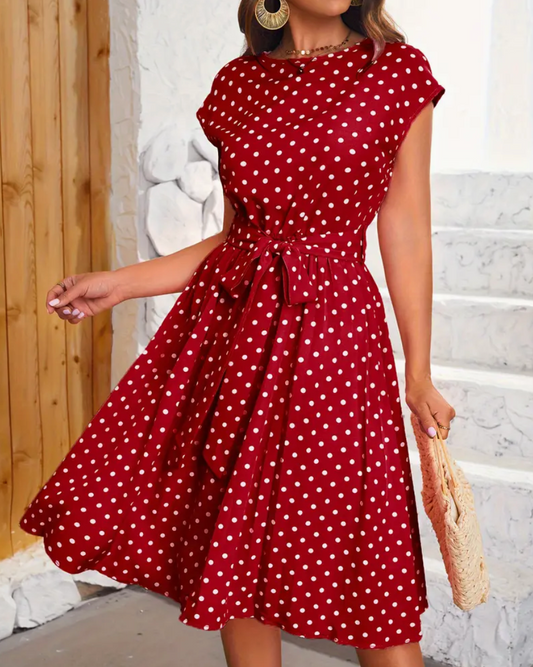 Damen Sommerkleid mit Punkten – Vintage Midikleid mit Taillengürtel & Cap Sleeves für Freizeit & Urlaub 0