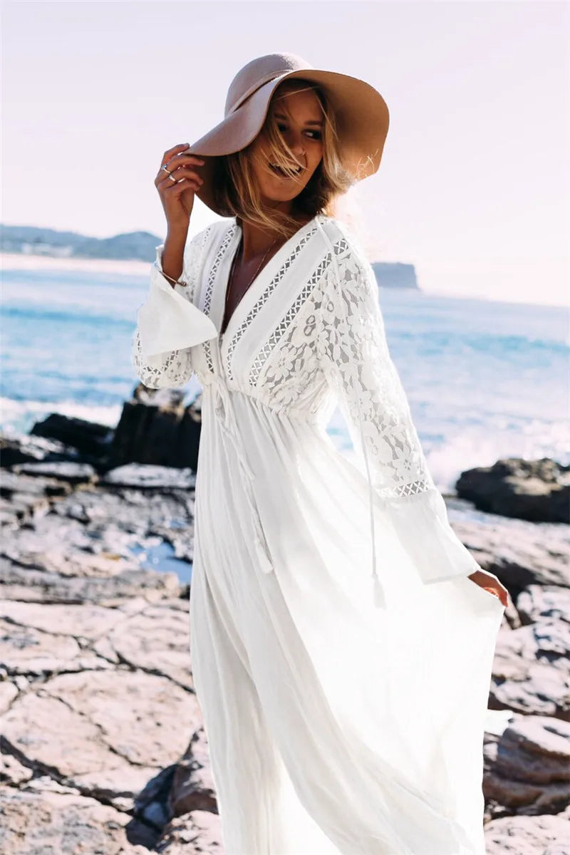 Elegantes Maxikleid mit Spitzenärmeln und Boho-Details – Perfekt für Strand, Urlaub & Sommerfeste 2