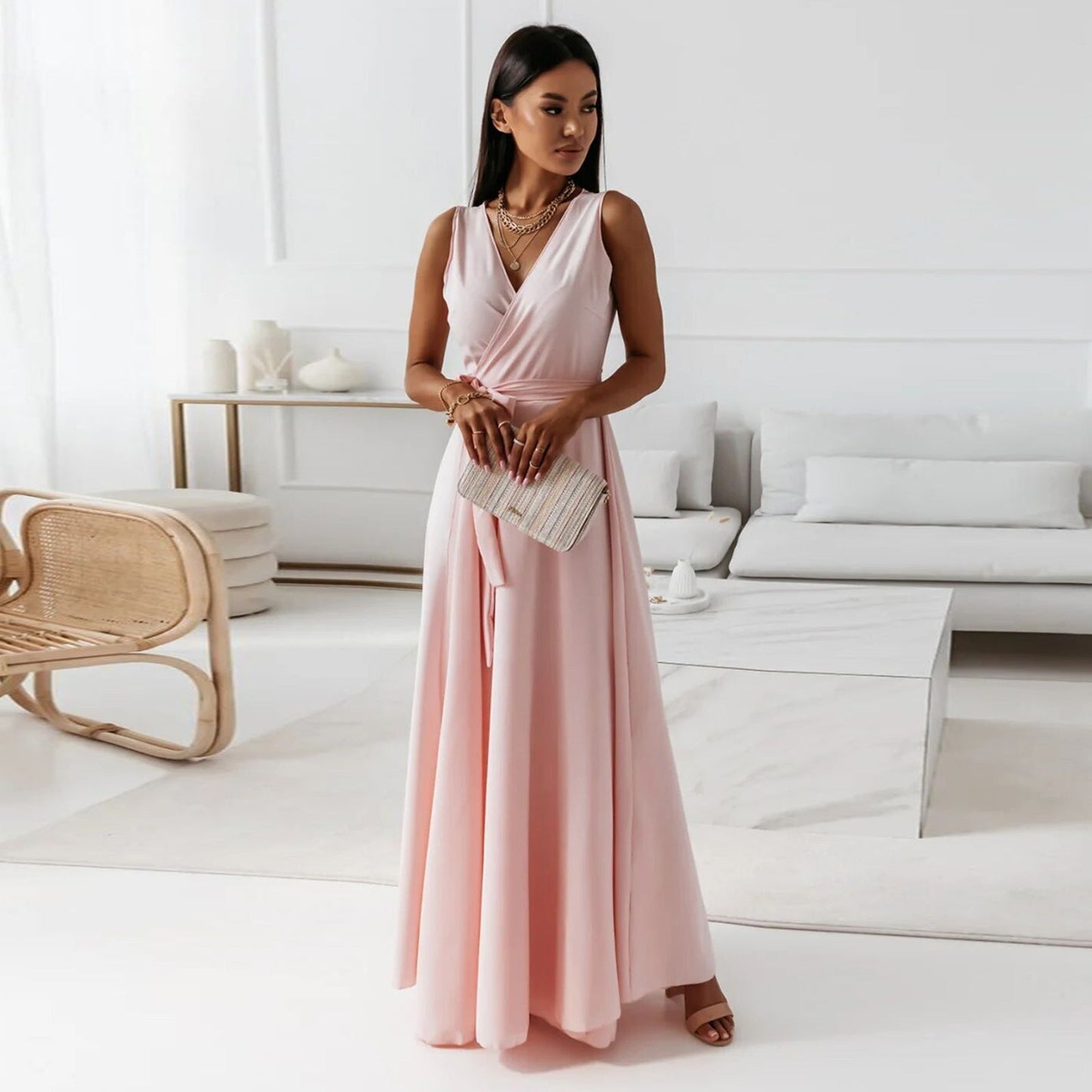 Gretchen - Damen einfarbig V-Ausschnitt Langes Kleid 0