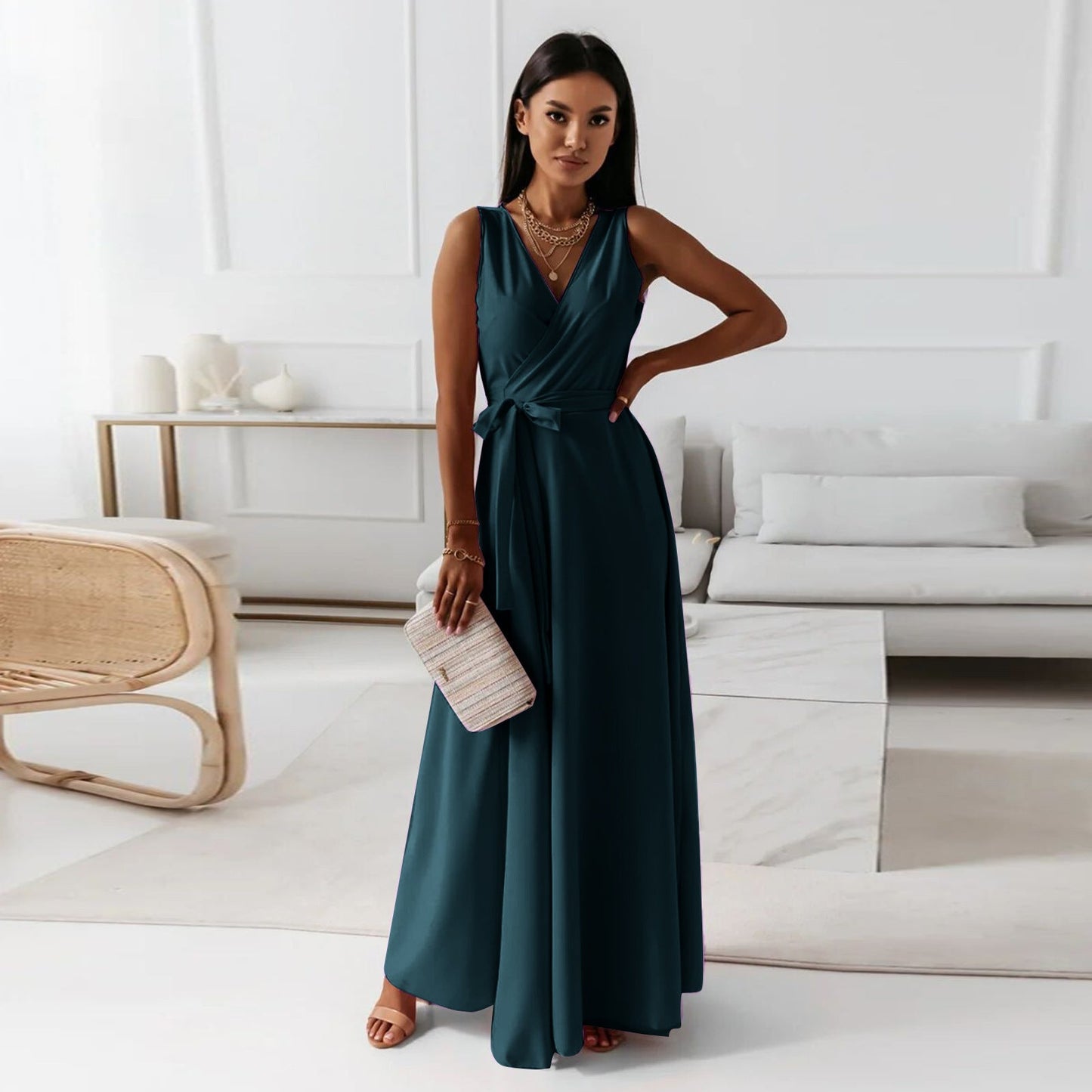 Gretchen - Damen einfarbig V-Ausschnitt Langes Kleid 1
