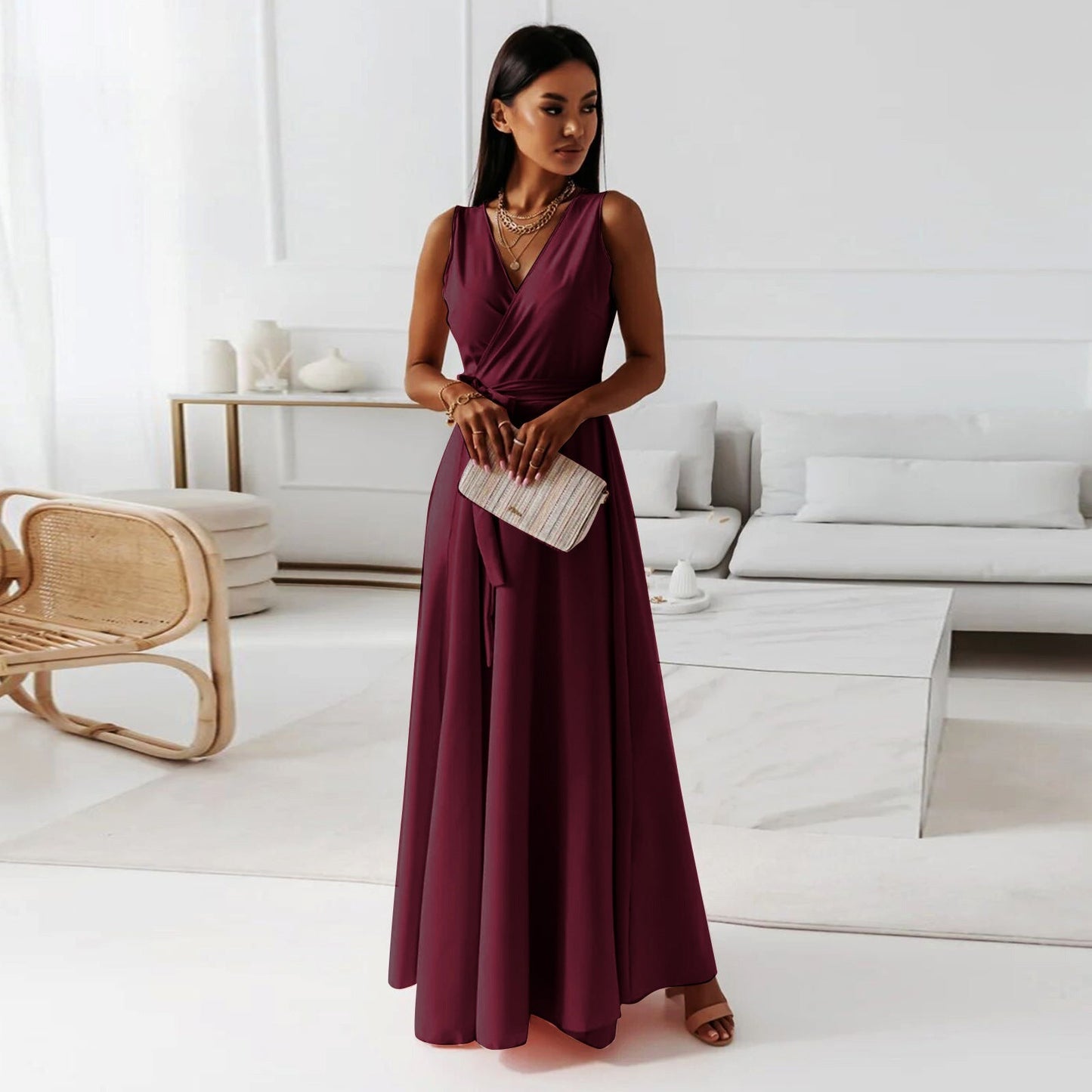 Gretchen - Damen einfarbig V-Ausschnitt Langes Kleid 2