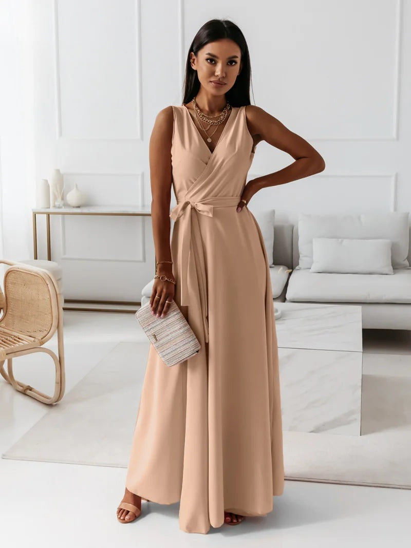Gretchen - Damen einfarbig V-Ausschnitt Langes Kleid 4
