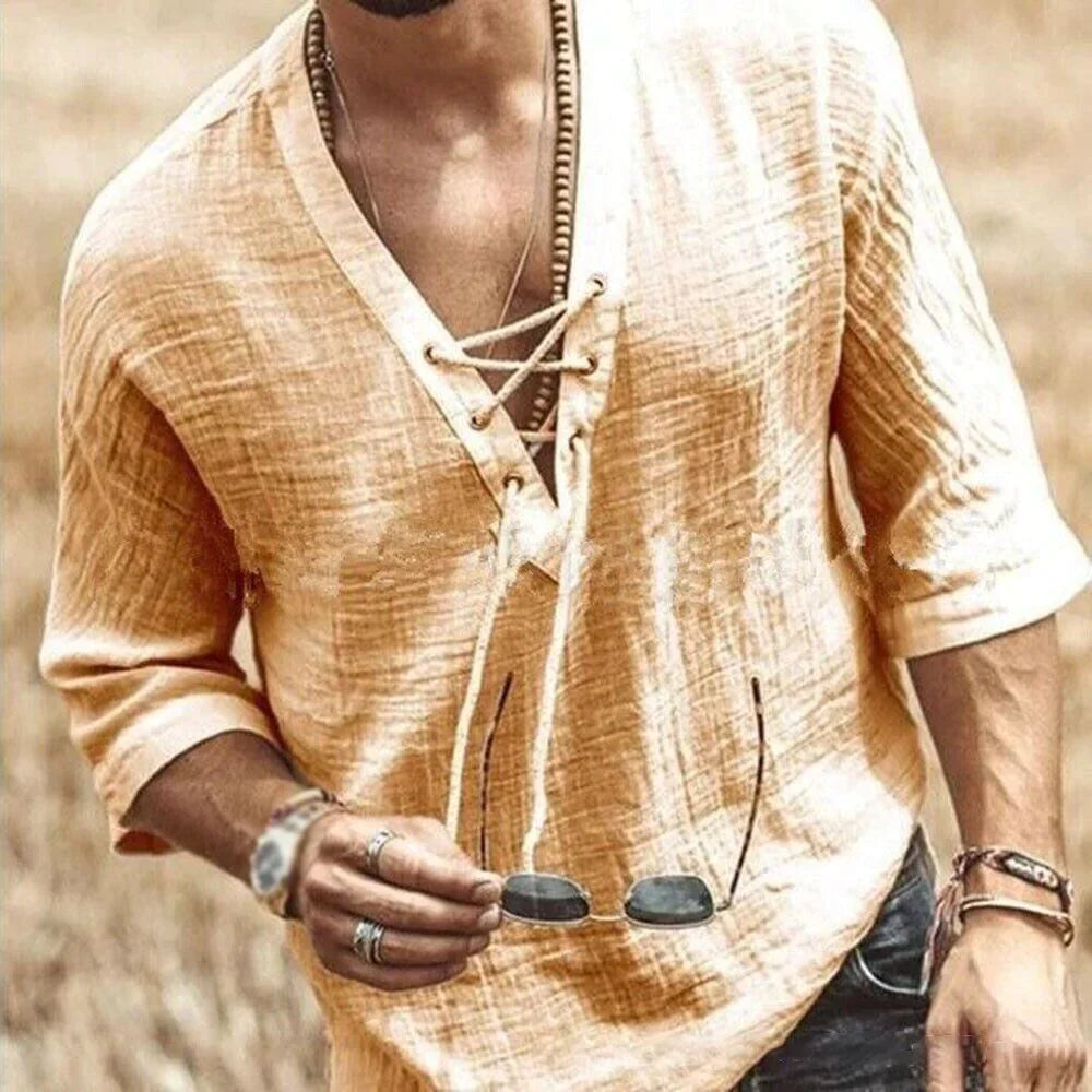 Herren Freizeithemd mit Schnürung – Luftiges Strandshirt im Boho-Stil mit 3/4 Ärmeln für Sommer & Urlaub 0