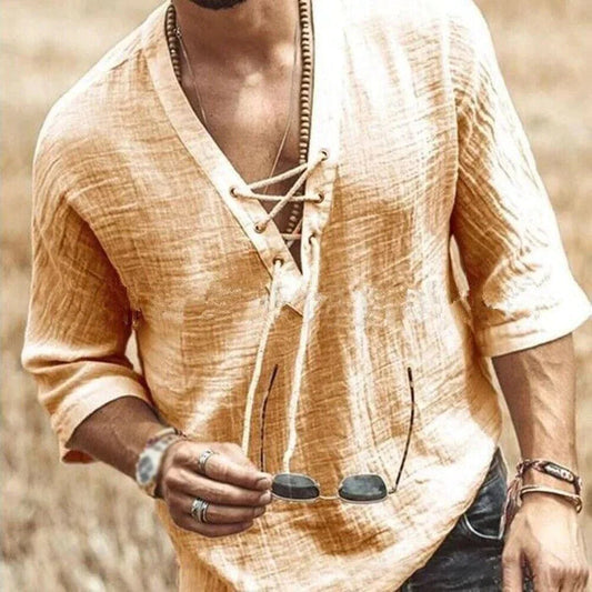 Herren Freizeithemd mit Schnürung – Luftiges Strandshirt im Boho-Stil mit 3/4 Ärmeln für Sommer & Urlaub 0