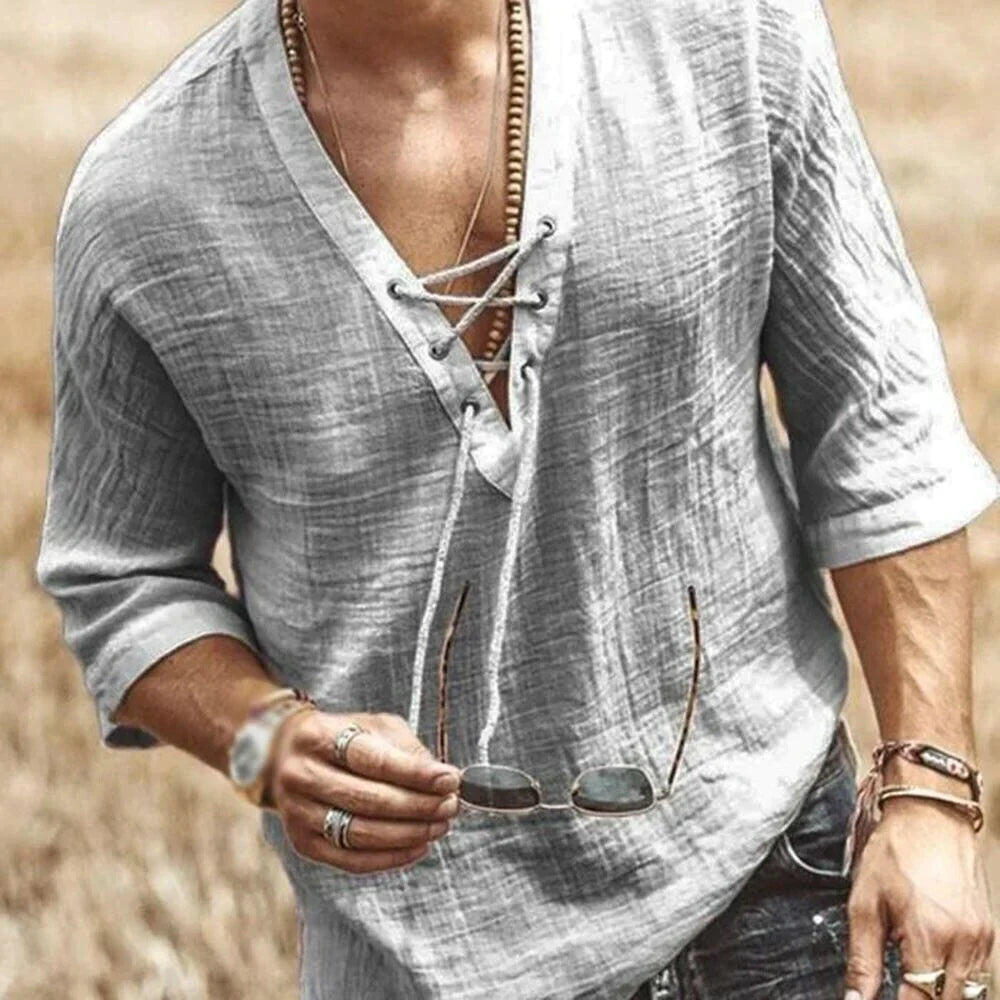 Herren Freizeithemd mit Schnürung – Luftiges Strandshirt im Boho-Stil mit 3/4 Ärmeln für Sommer & Urlaub 1