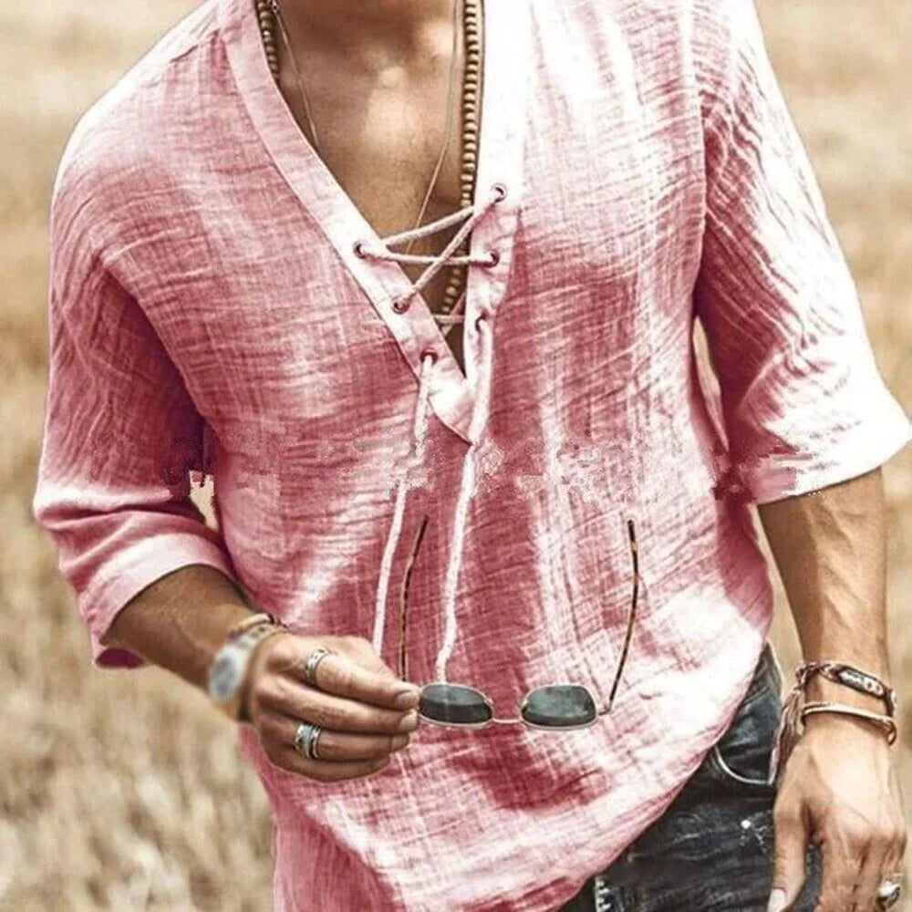 Herren Freizeithemd mit Schnürung – Luftiges Strandshirt im Boho-Stil mit 3/4 Ärmeln für Sommer & Urlaub 2