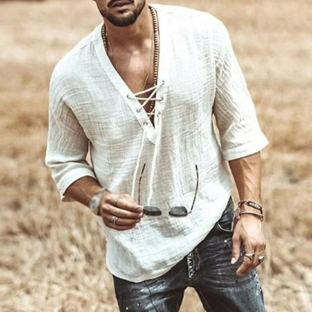 Herren Freizeithemd mit Schnürung – Luftiges Strandshirt im Boho-Stil mit 3/4 Ärmeln für Sommer & Urlaub 3