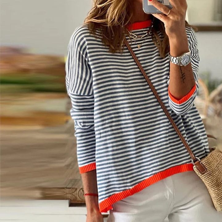 Inès Lavigne® - Blau gestreifter Pullover mit orangefarbenem Rand 0