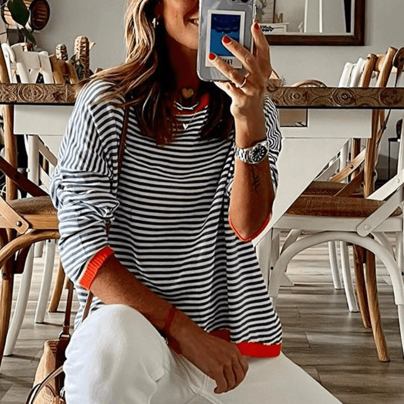 Inès Lavigne® - Blau gestreifter Pullover mit orangefarbenem Rand 2