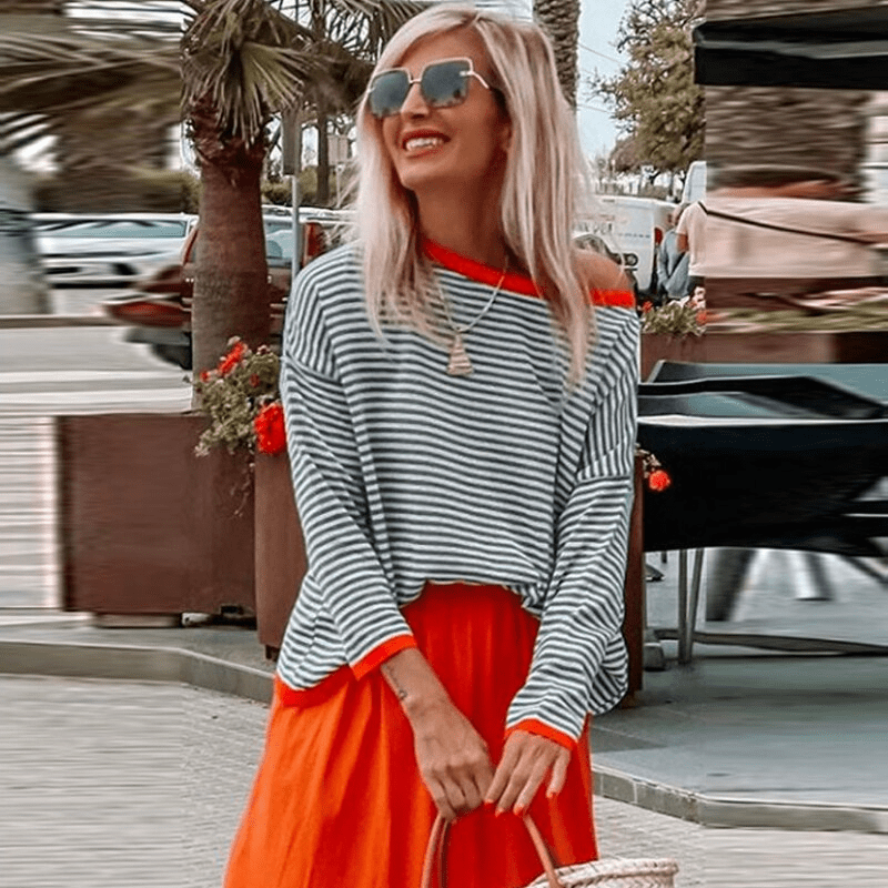 Inès Lavigne® - Blau gestreifter Pullover mit orangefarbenem Rand 3