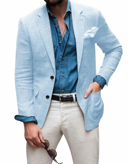 Jon - Herren Leinen Blazer Strand Hochzeit Casual Tailored Fit Solide Farbe Einreihig Zwei Knöpfe 0