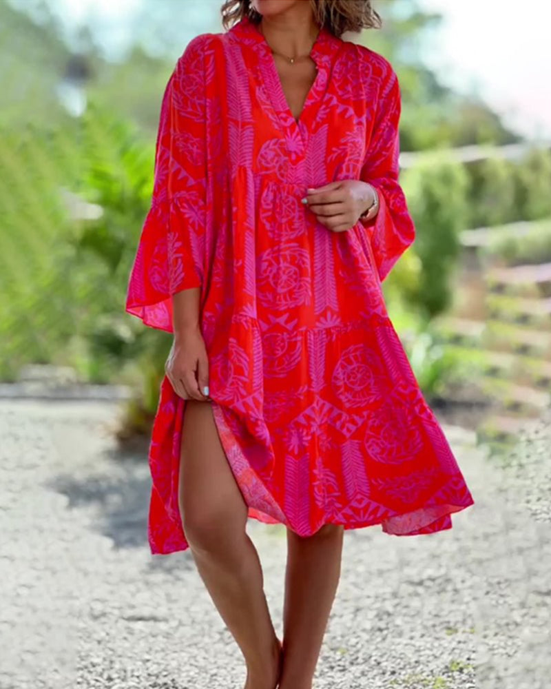 Kleid mit 3/4-Ärmeln und geometrischem Boho-Print 0
